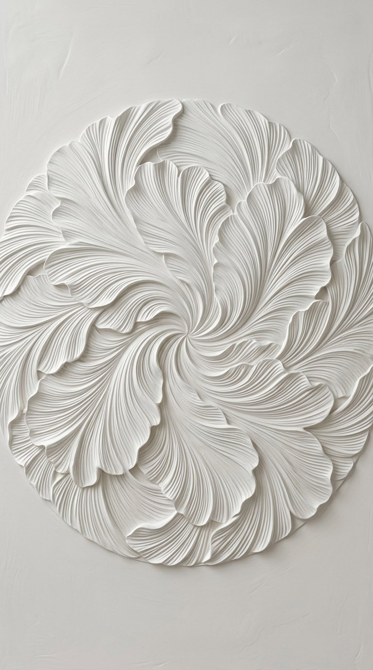 A close-up image of minimalist wall art featuring a circular, abstract floral design with detailed, flowing petal shapes in white on a light background.