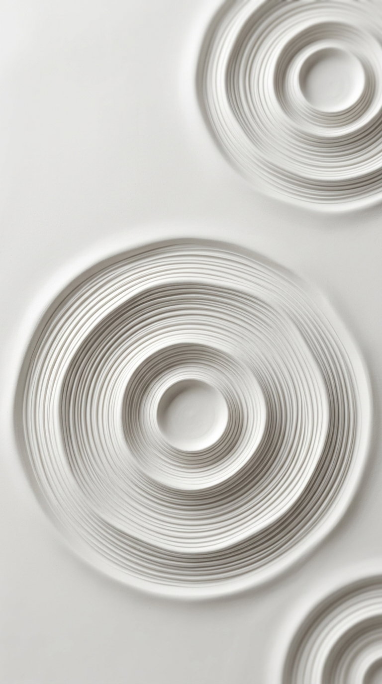 White surface with three raised, concentric circular patterns creating a minimalist textured design