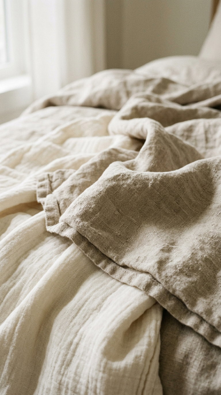A detailed view of beige and off-white textured linen fabrics draped and layered in natural light