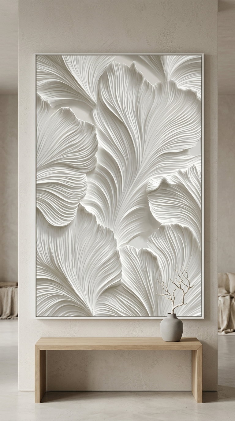 A large framed artwork with white, sculpted, flowing feather or leaf-like textures on a neutral wall above a simple wooden bench with a minimalist vase and dry branches.