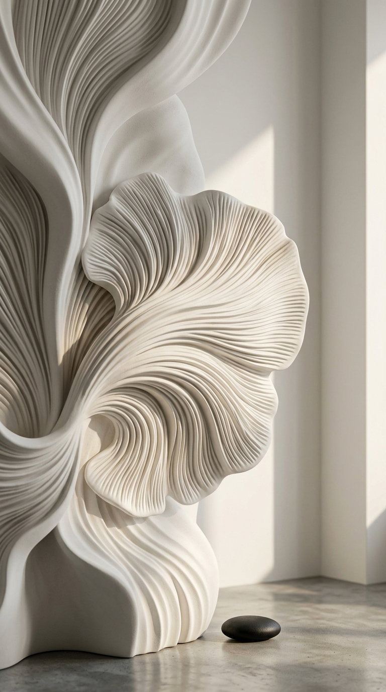 Close-up of a large sculptural wall art piece resembling flowing organic shapes in a soft beige color next to a dark round stone on a concrete floor in a sunlit minimalist room