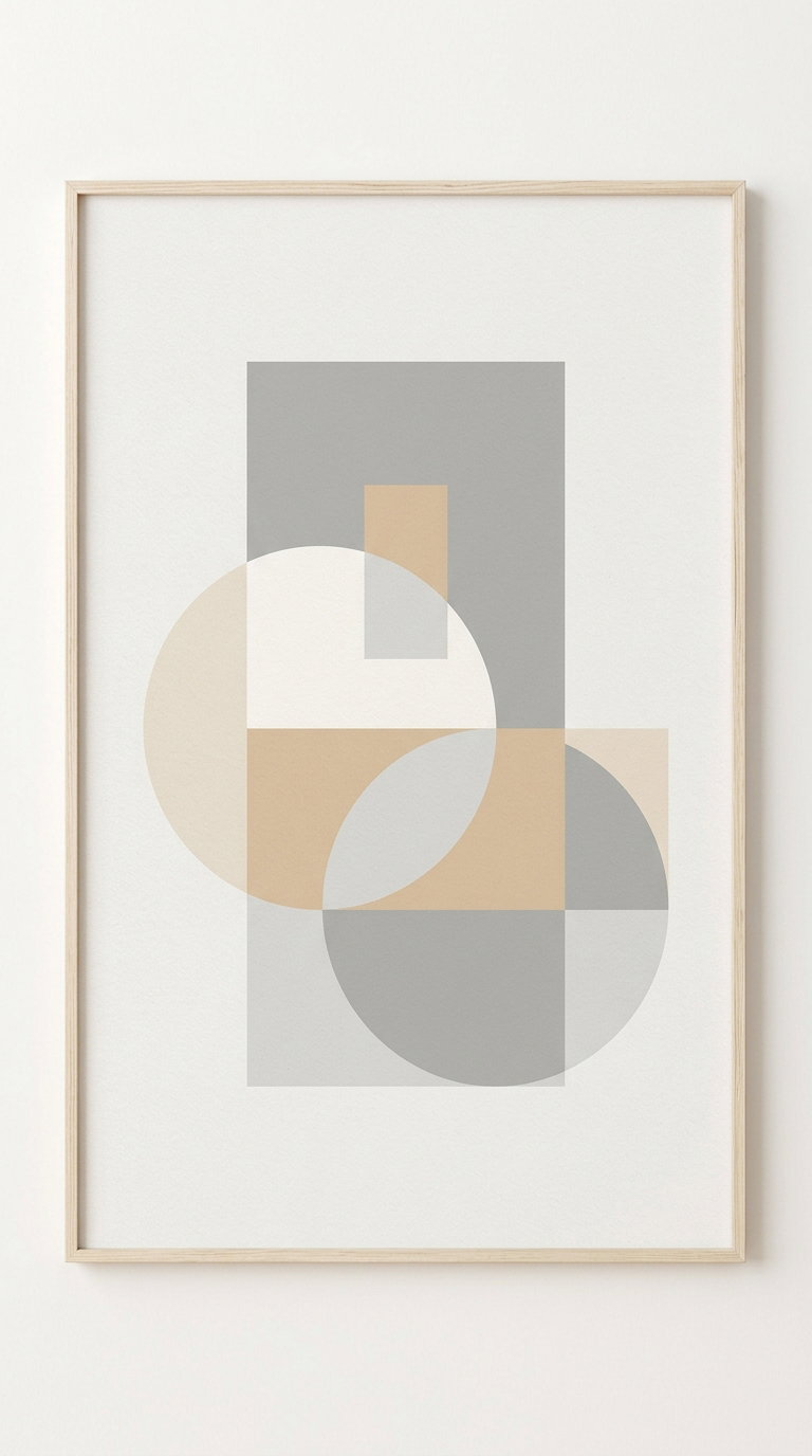 A framed abstract print featuring minimalist geometric shapes including circles and rectangles in beige, tan, and gray tones on a white background