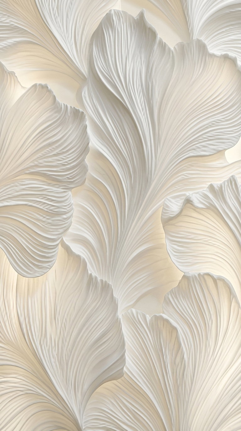 Close-up of a floral art print with large, delicately detailed petals in soft beige and white tones overlapping each other