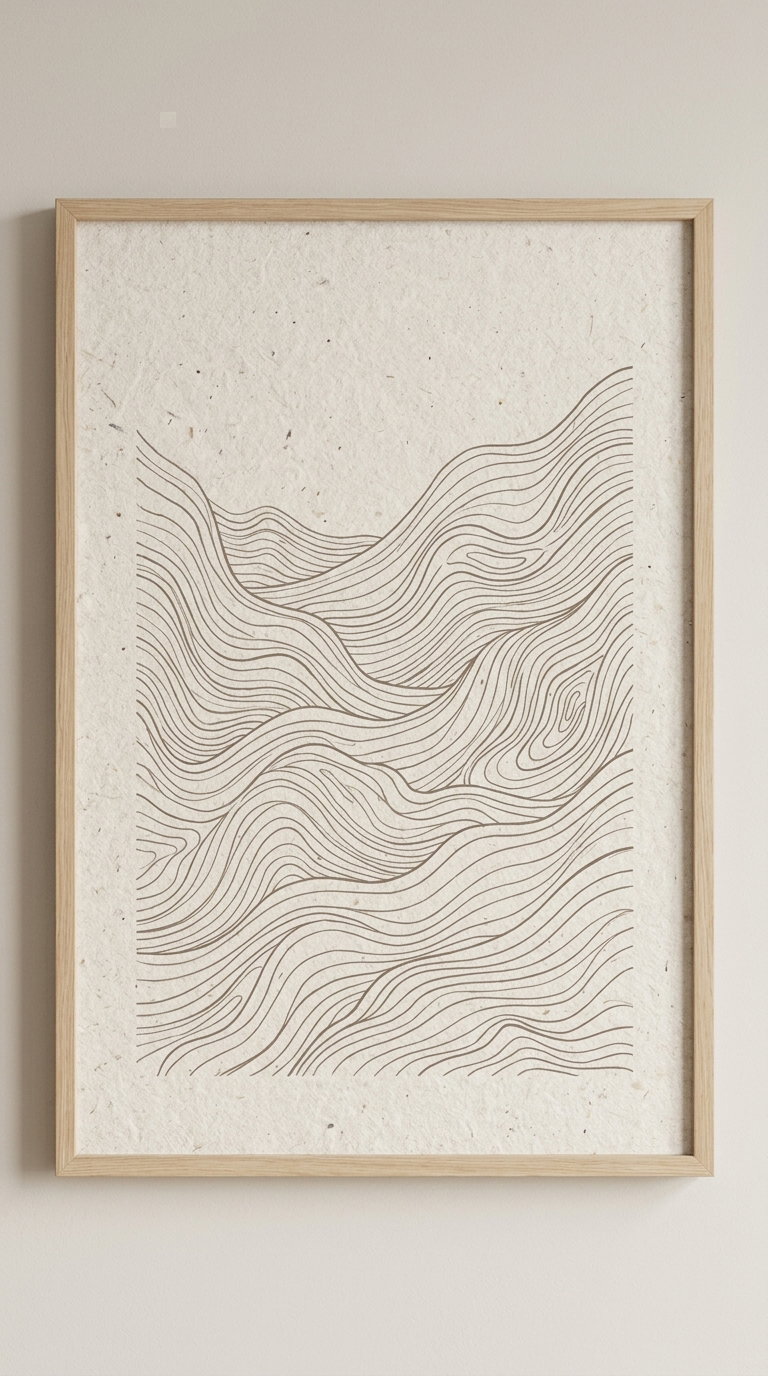 Framed artwork featuring minimalist flowing abstract brown lines on a textured cream-colored paper background hanging on a beige wall
