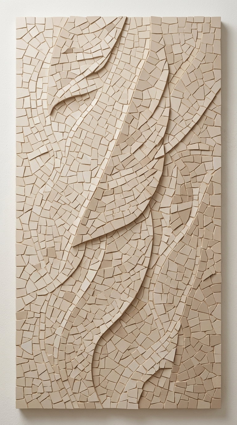 decorative wall art with beige and cream colored mosaic tiles arranged in abstract flowing organic shapes and patterns