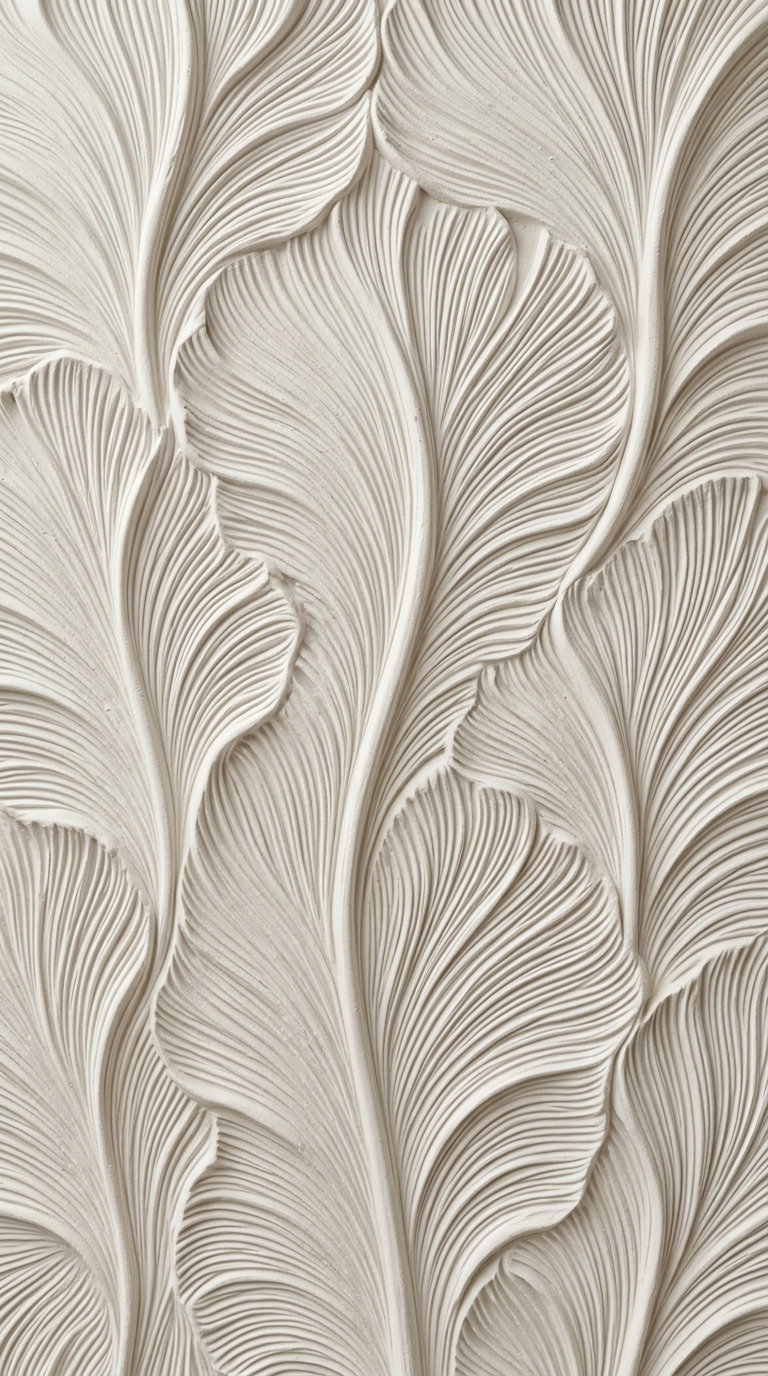 Close-up of a wall with detailed textured patterns resembling large, flowing leaves in a soft beige color