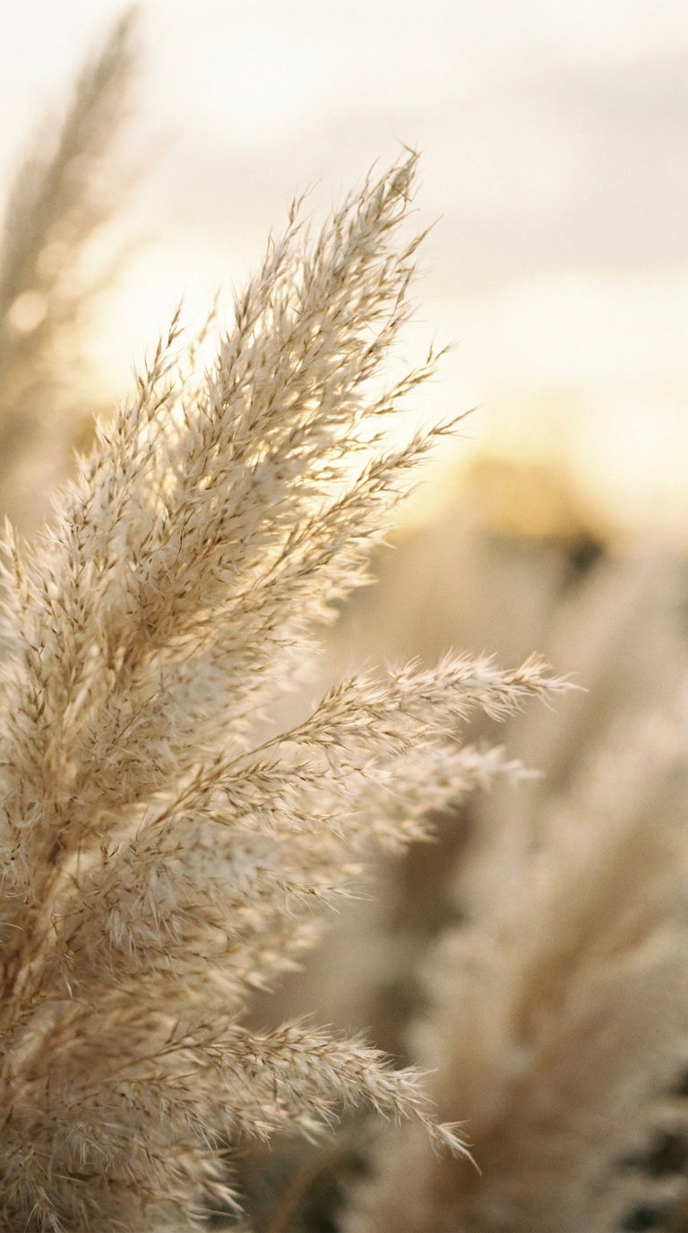 dried pampas grass plumes in beige tones against a soft blurred light background