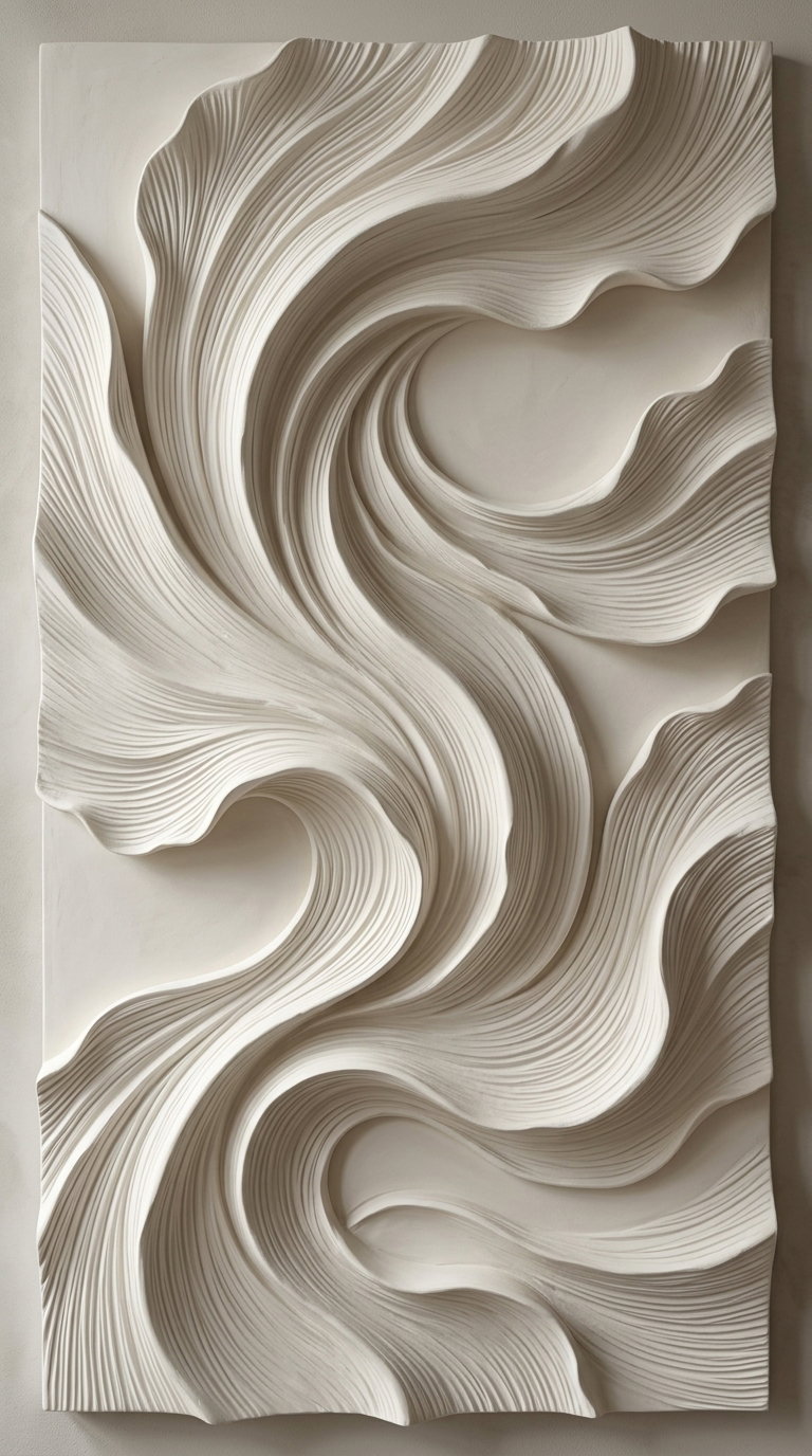 Abstract sculptural wall art featuring smooth, flowing, wave-like forms with fine linear texture in off-white tones