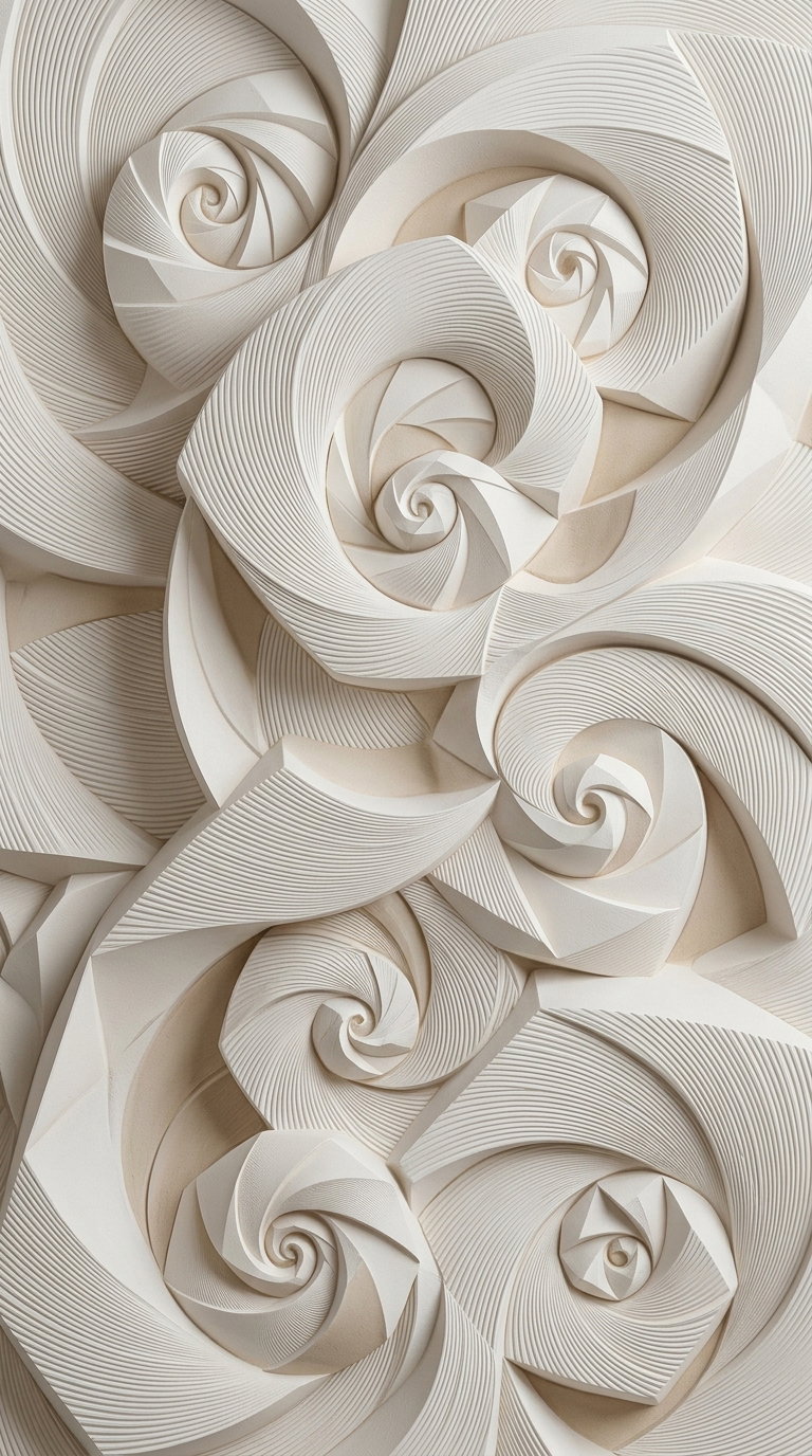 Abstract artwork with repeated spiral and geometric shapes in beige and off-white colors, creating a textured minimalist composition