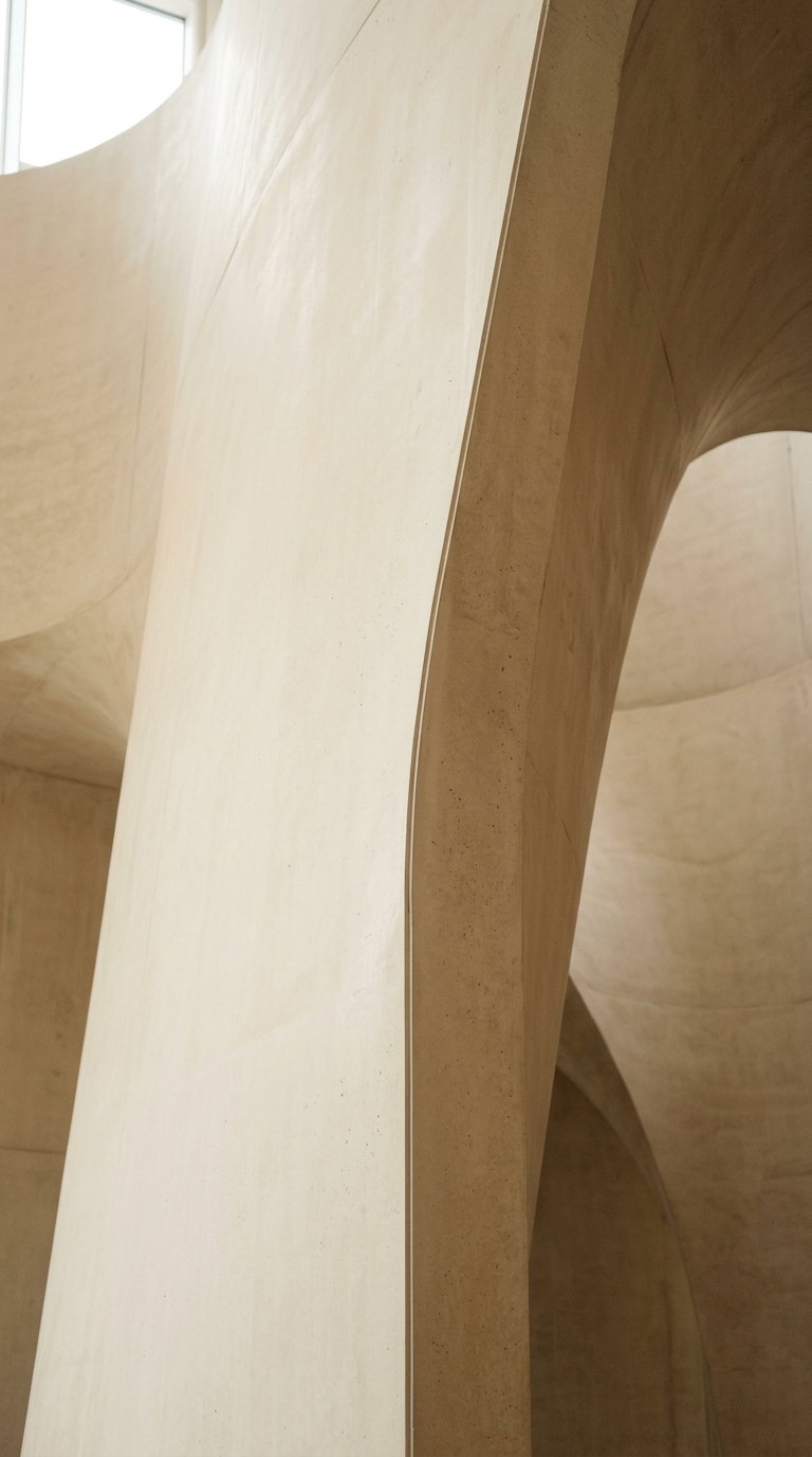 Close-up view of smooth concrete walls with minimalist curved and arch shapes in beige tones