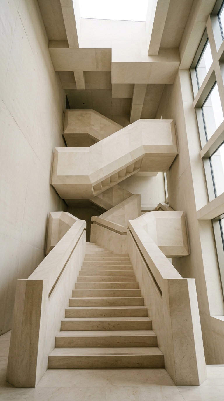 Interior view of a modern beige concrete staircase with geometric shapes and large windows letting in natural light