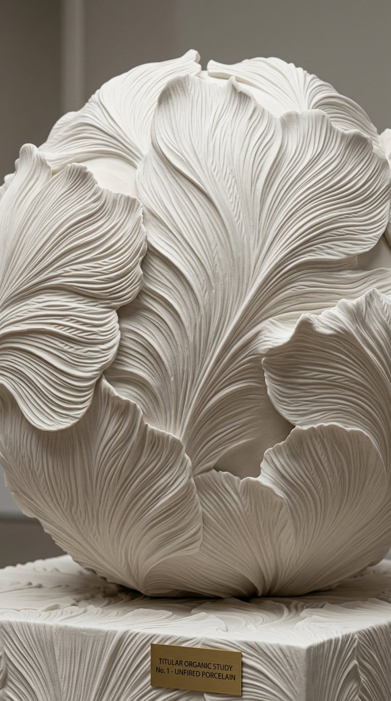 A detailed white porcelain sculpture featuring large, intricately textured leaves arranged in a spherical form with a plaque labeled 'TITULAR ORGANIC STUDY No. 1 - UNFIRED PORCELAIN'