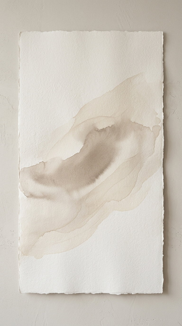 A sheet of textured paper with soft neutral watercolor abstract shapes in beige and light brown hues on a beige wall background