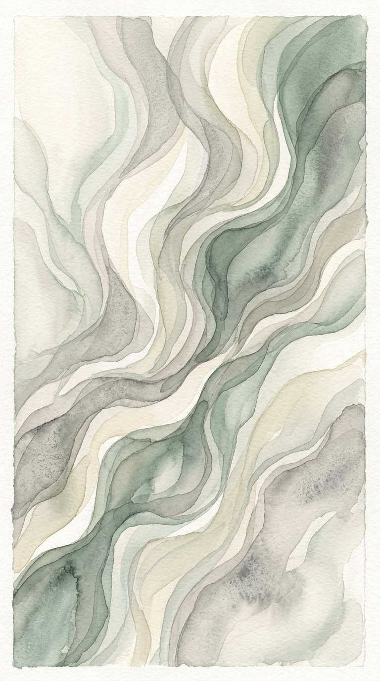 painting of flowing abstract waves with translucent layers in muted greens, greys, and beige on textured paper