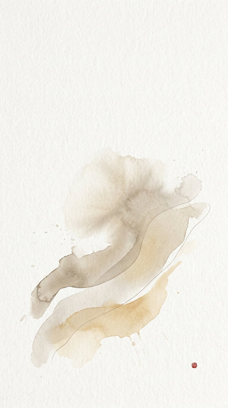 Watercolor abstract painting with muted beige, gray, and light brown tones on textured paper background