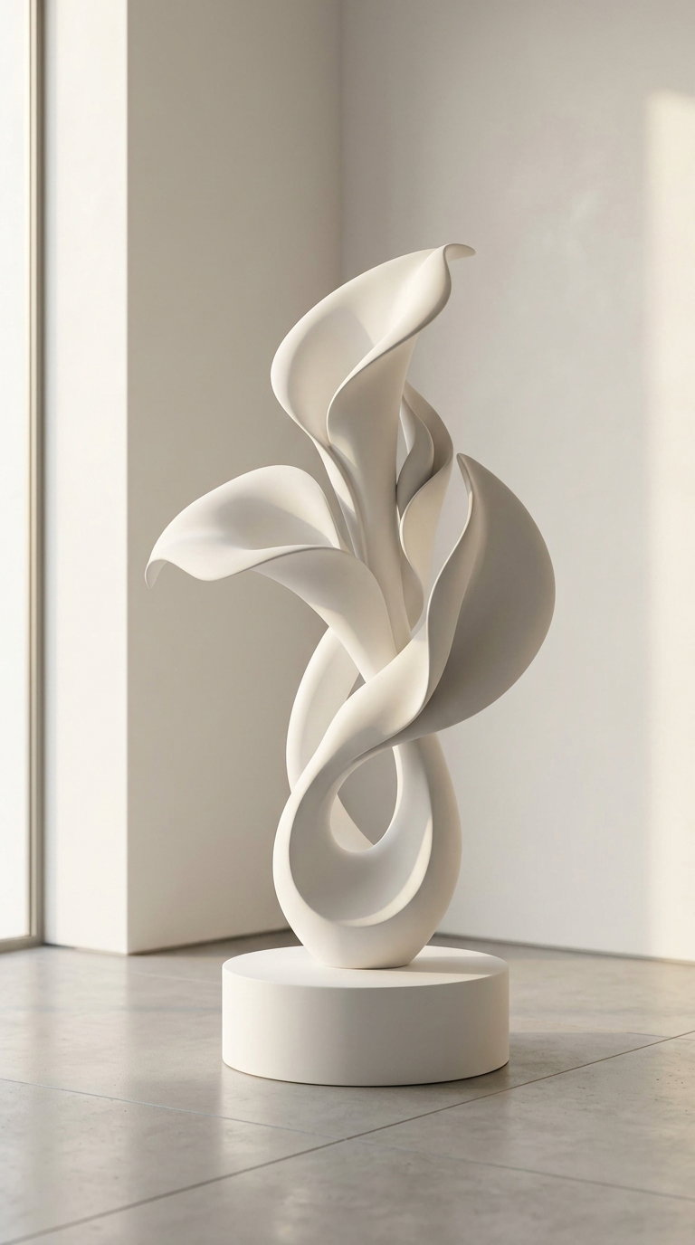 White abstract sculpture with flowing, curved forms on a round pedestal in a minimalist room