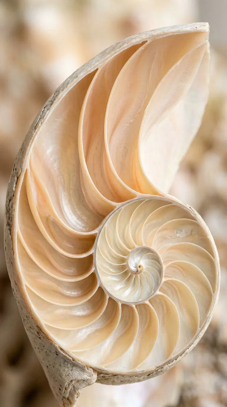 Detailed close-up of a seashell showcasing natural spiral patterns and soft peach tones