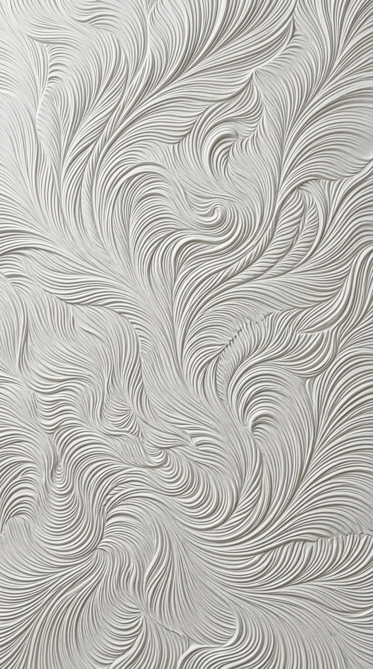 Close-up image of a textured wall art with flowing, wavy, and swirling patterns in neutral white and gray tones