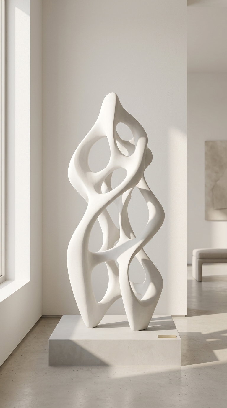 A tall, white abstract sculpture with organic, flowing shapes and holes stands on a platform in a bright room with white walls and a large window letting in natural light