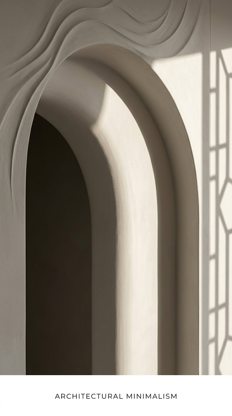 A close-up view of a smooth, minimalist architectural feature showing an arched doorway framed by softly textured walls with natural sunlight casting geometric shadows on the right side.
