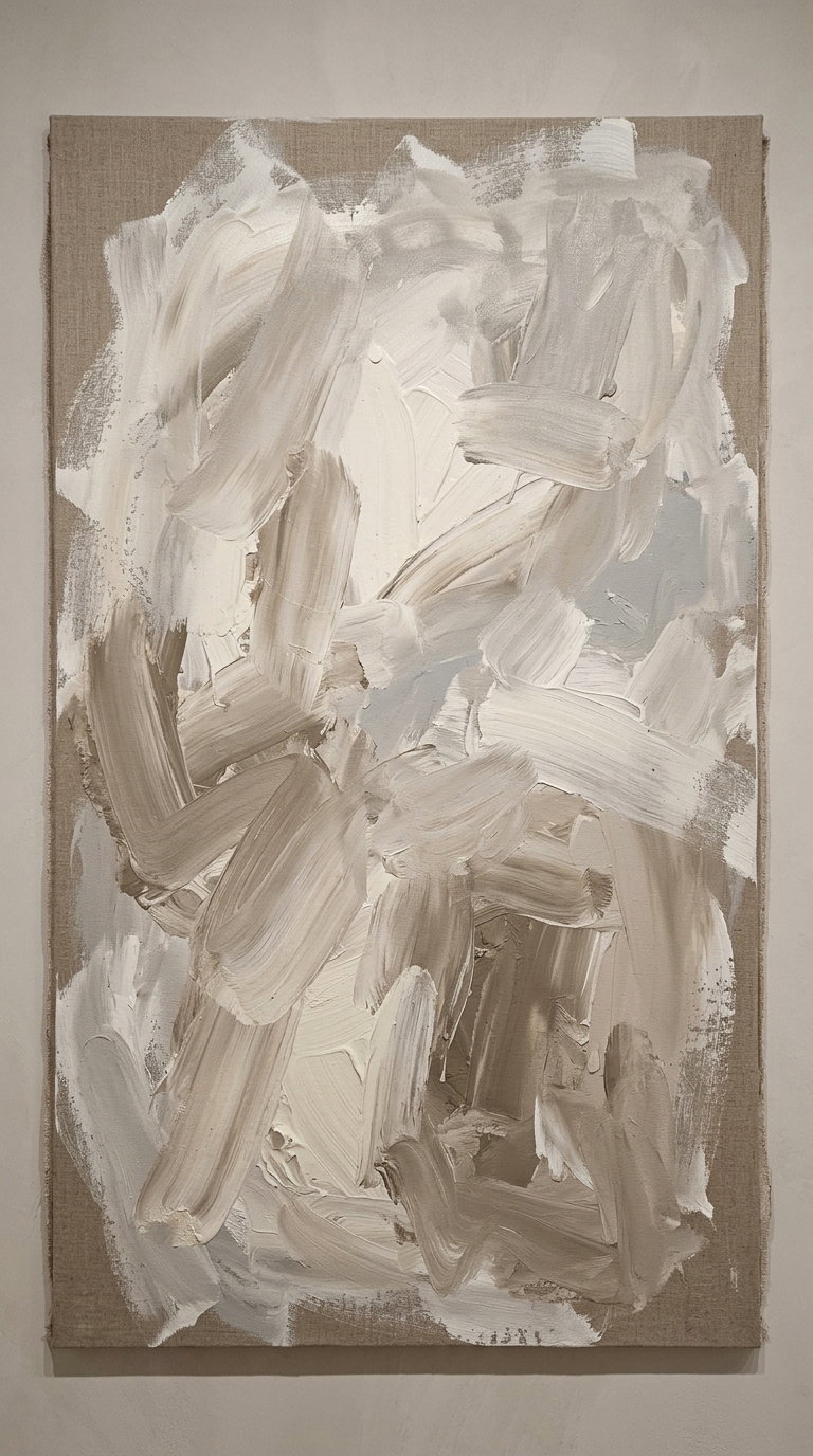 Abstract painting on canvas with thick brush strokes in beige and white hues, creating a minimalist and neutral composition