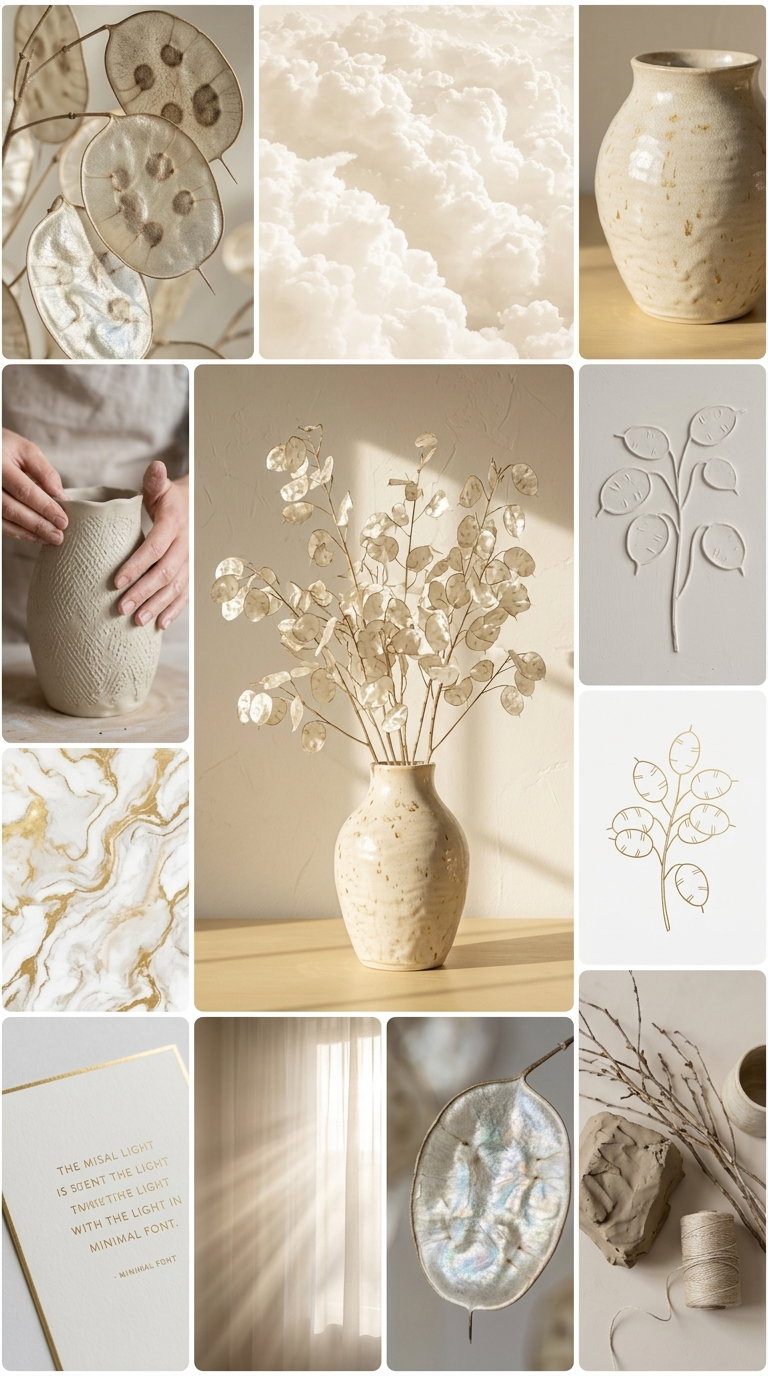 Collage featuring soft neutral images including a beige textured pottery vase with dried translucent lunaria plant stems, close-up shots of pottery making, soft sunlight through curtains, embossed and drawn botanical designs, natural clay and string, and abstract marbled patterns