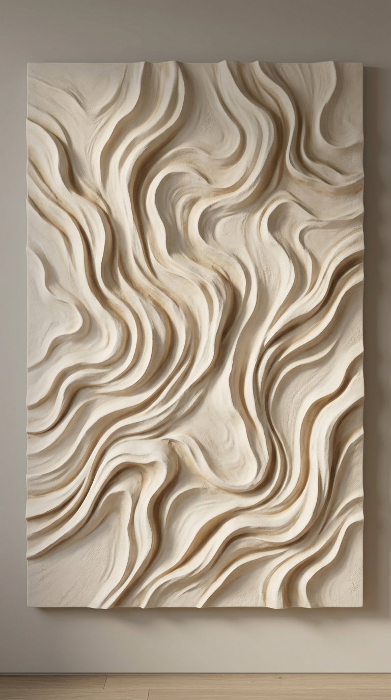 Large rectangular wall art with smooth, flowing, abstract wave-like 3D patterns in neutral beige and cream tones mounted on a beige wall above light wood floor
