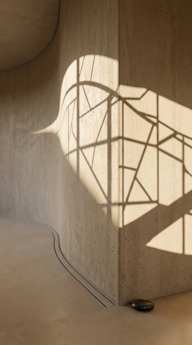 Shadow of a geometric window pattern is cast on a curved concrete wall with a smooth beige floor and a single dark stone on the floor near the wall corner