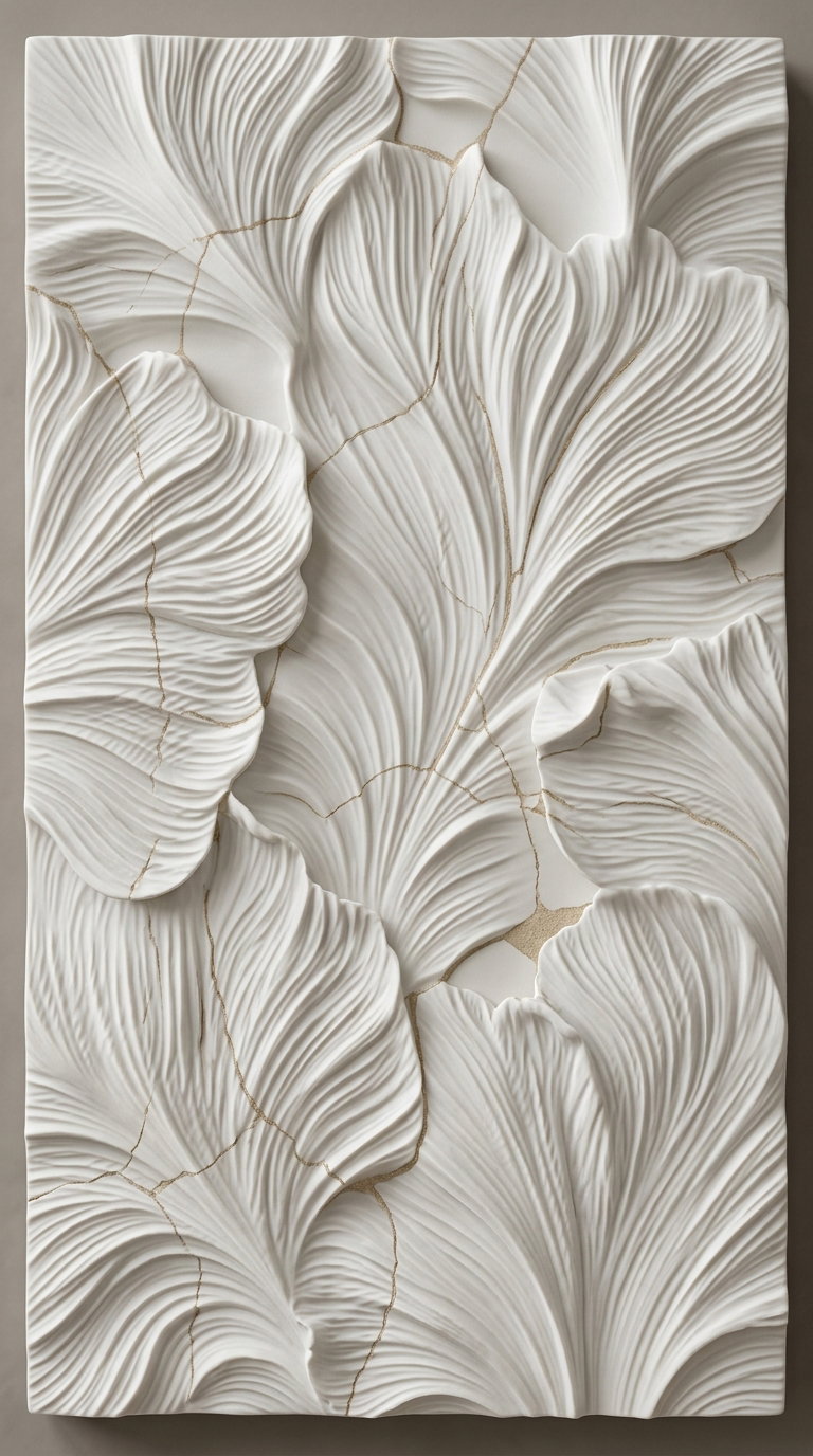 A white textured wall art piece featuring detailed large leaf designs with gold-colored fine cracks running through the surface.