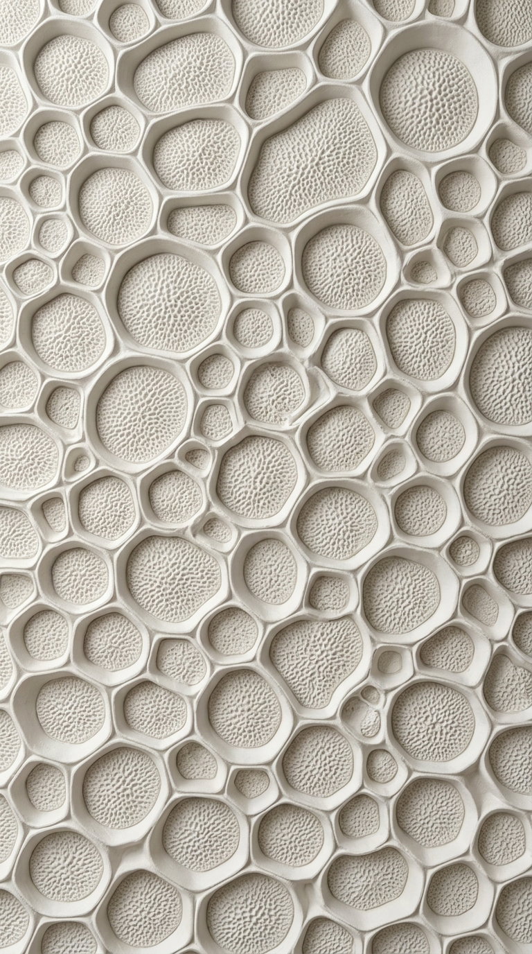 Close-up of a textured abstract design featuring interconnected rounded cells with a subtle raised surface in beige and off-white tones