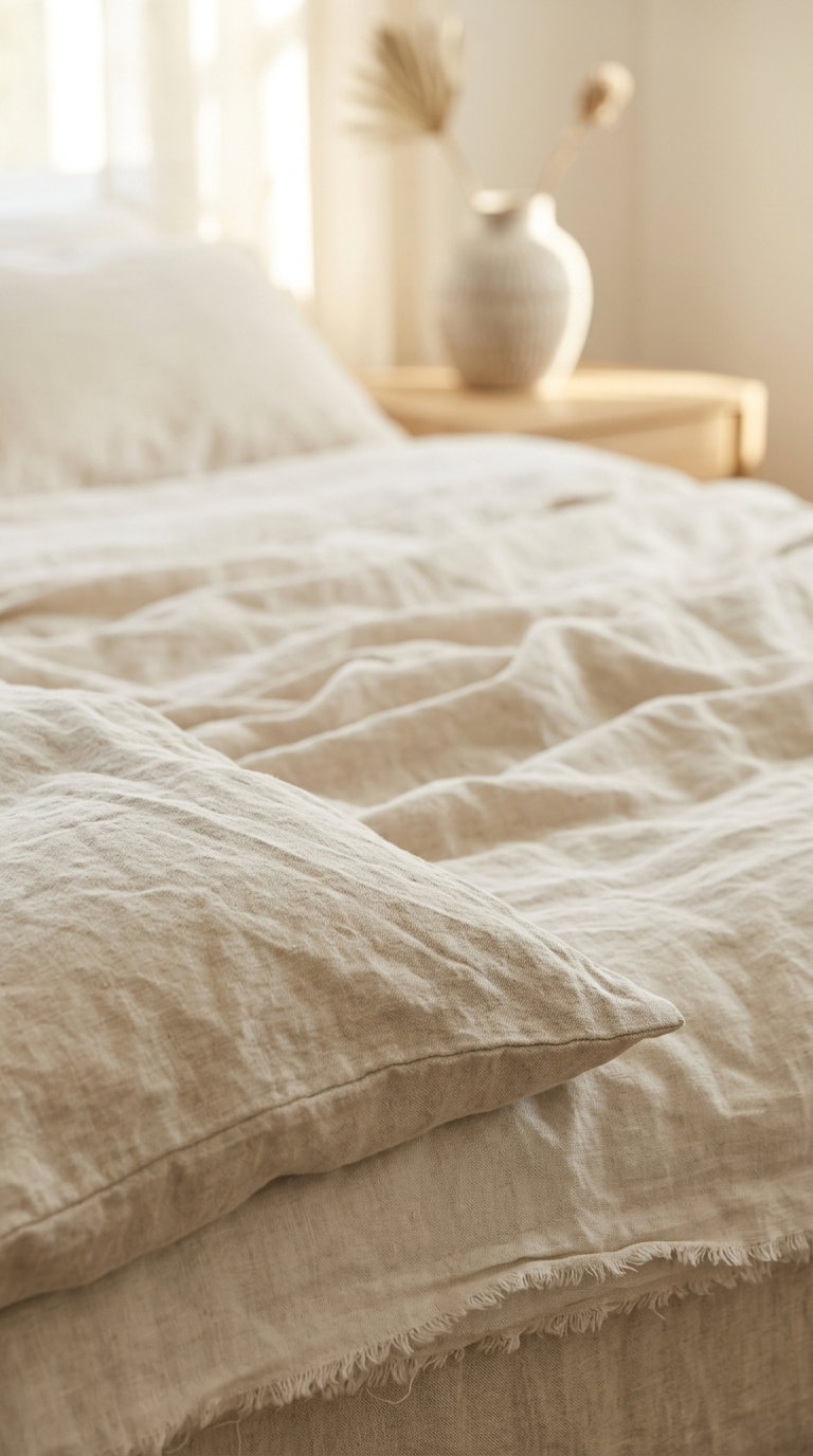 Close-up view of a bed with beige linen pillow and blanket, with a blurred ceramic vase holding dried plants on a wooden nightstand in the background