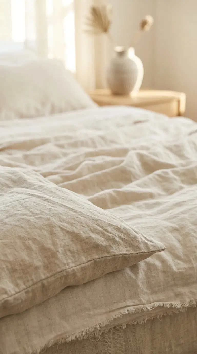 Soft neutral-toned bedding with a beige linen pillow and blurred ceramic vase in background