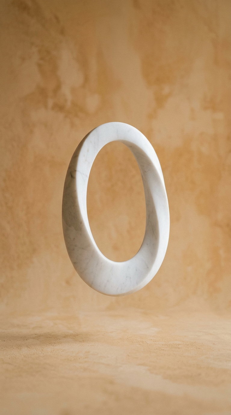 white marble abstract oval sculpture floating in front of beige textured wall and floor