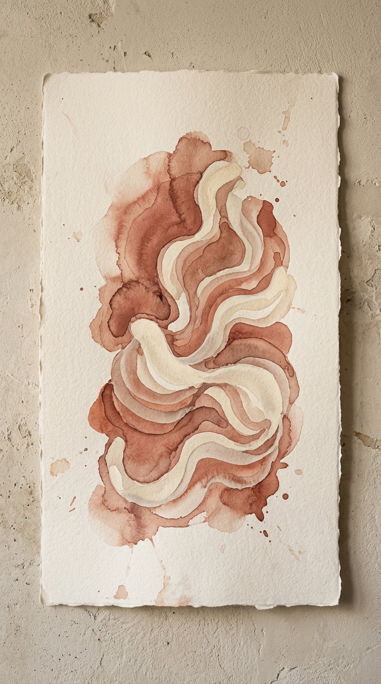 An abstract watercolor painting featuring flowing layered shapes in brown and beige tones on a textured paper background placed on a rough beige surface