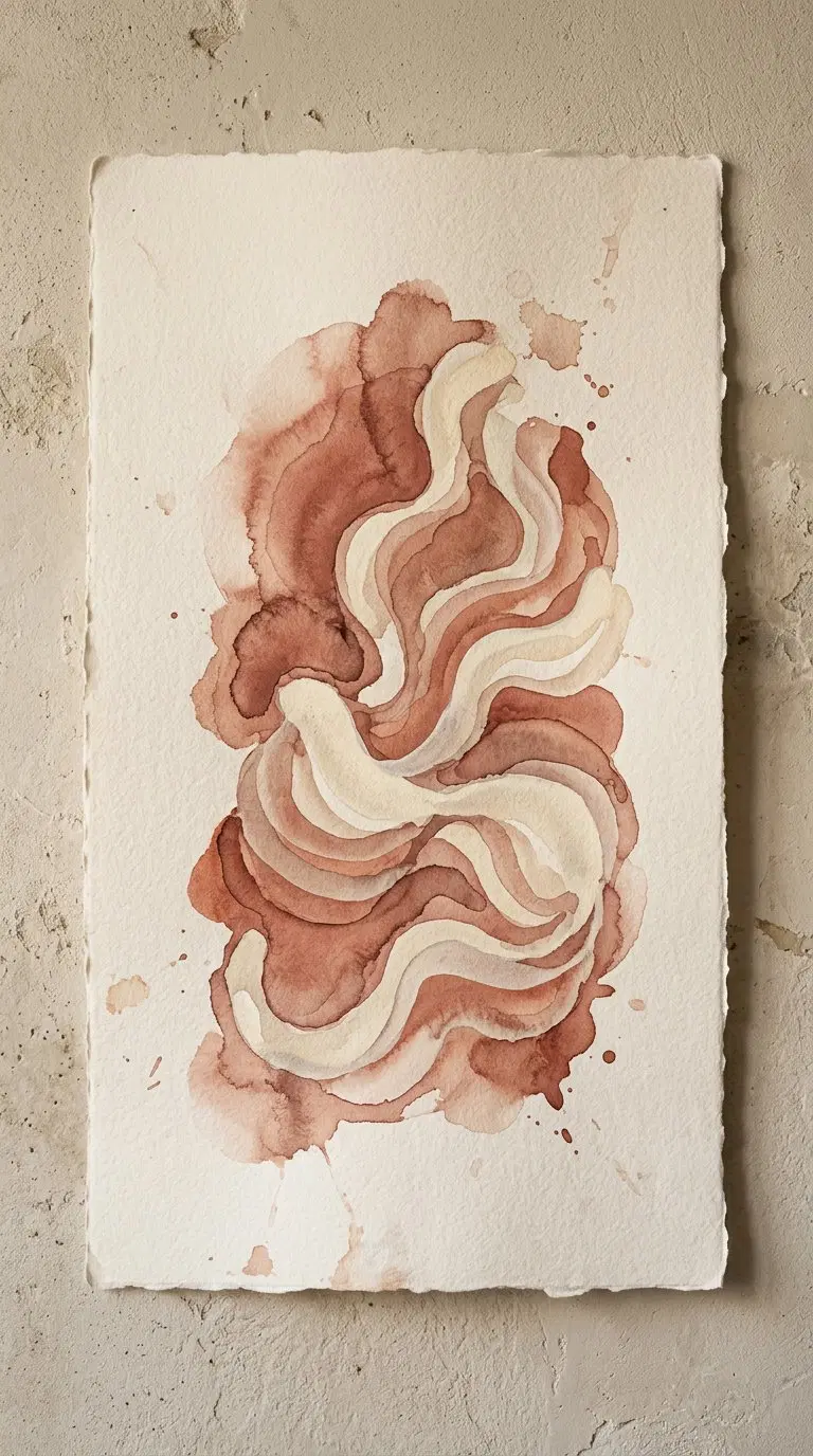 Abstract warm tone watercolor painting with flowing layered shapes on textured paper