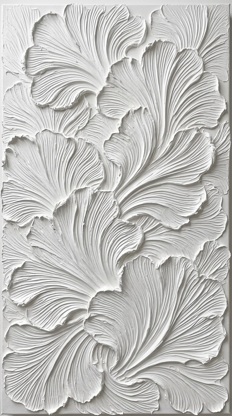 Close-up of a white textured artwork featuring layered petal-shaped patterns with fine linear details