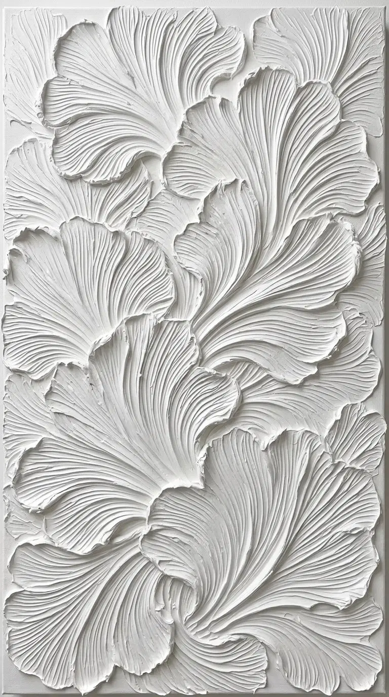 Textured monochrome minimalist art with intricate floral pattern in white