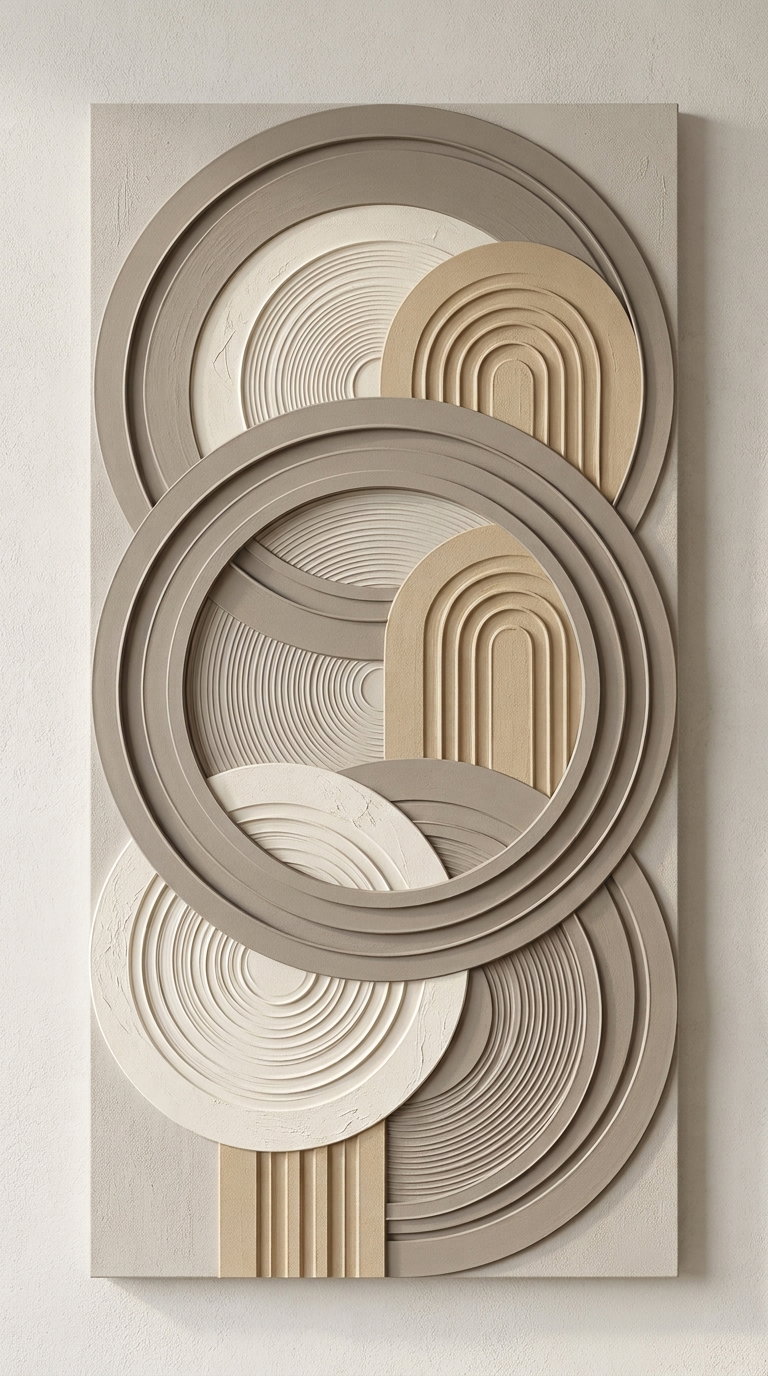 3D wall art composed of neutral beige, taupe, and off-white circular and arch shapes with textured concentric patterns