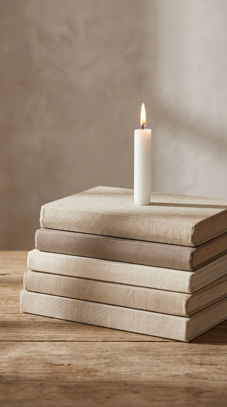 A vertical stack of five books with beige and light brown covers on a wooden surface with a single white candle lit and standing on top