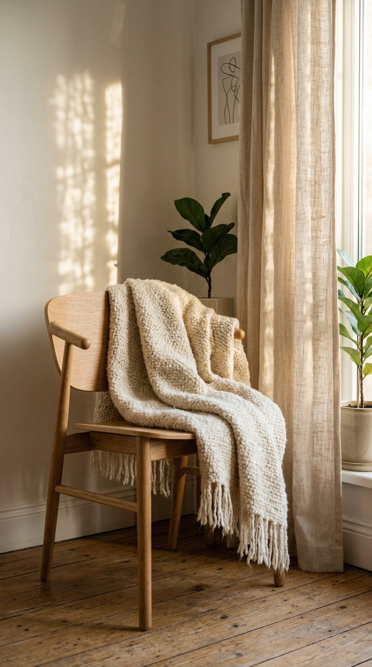 Wooden chair with a thick textured cream throw draped over it, next to light linen curtains and potted plants by a window in a warmly lit room with wooden floorboards
