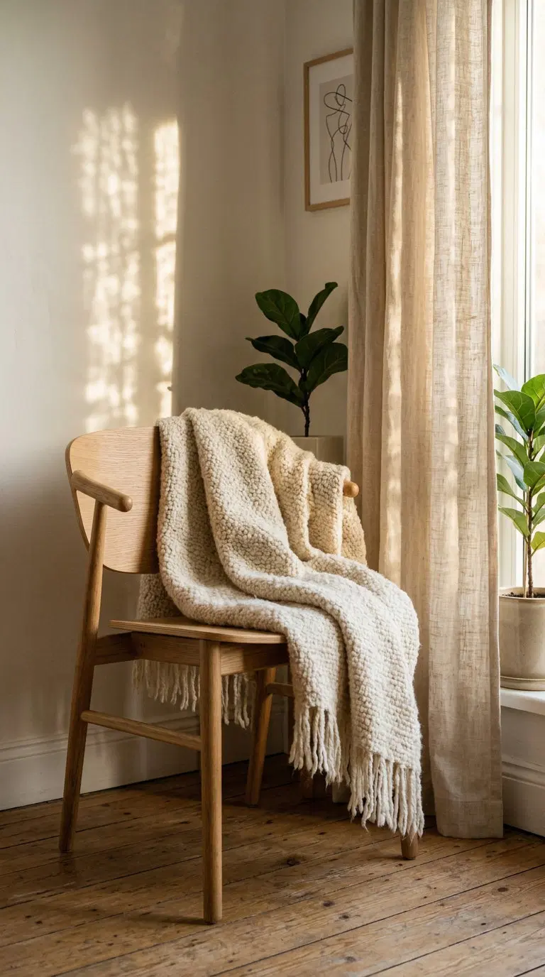 Minimalist Scandinavian style interior with wooden chair and soft throw