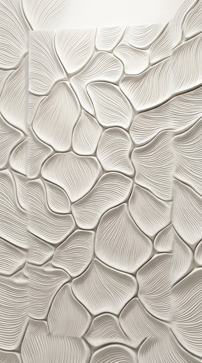 Close-up of a wall with a three-dimensional abstract organic pattern resembling stylized leaves or petals in neutral beige tones