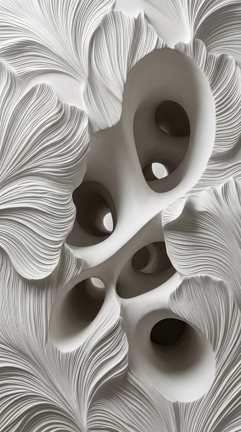 A detailed abstract artwork featuring flowing, textured organic shapes with multiple hollow openings in shades of white and gray