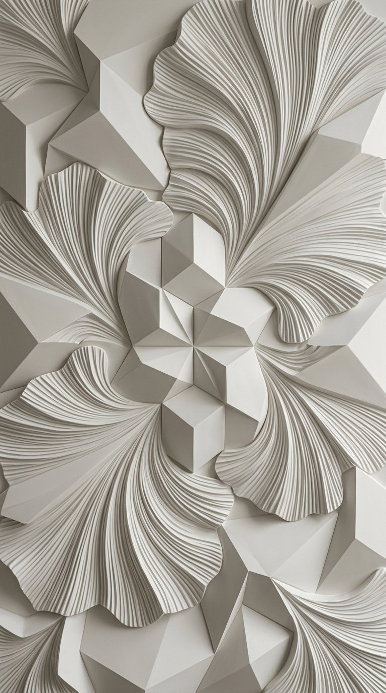 Three-dimensional wall art with a neutral color palette combining geometric shapes and flowing, petal-like textured patterns