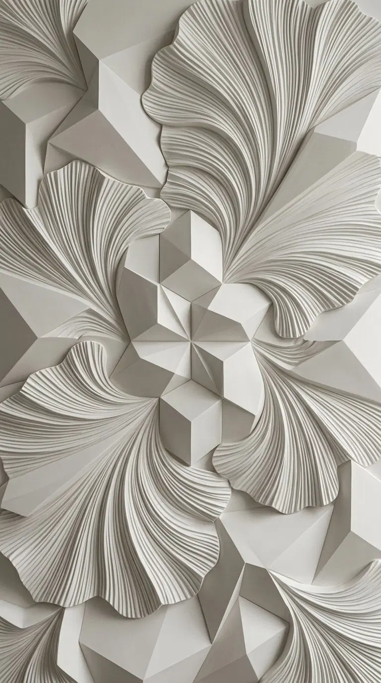 Elegant neutral wall decor featuring abstract geometric and textured floral patterns