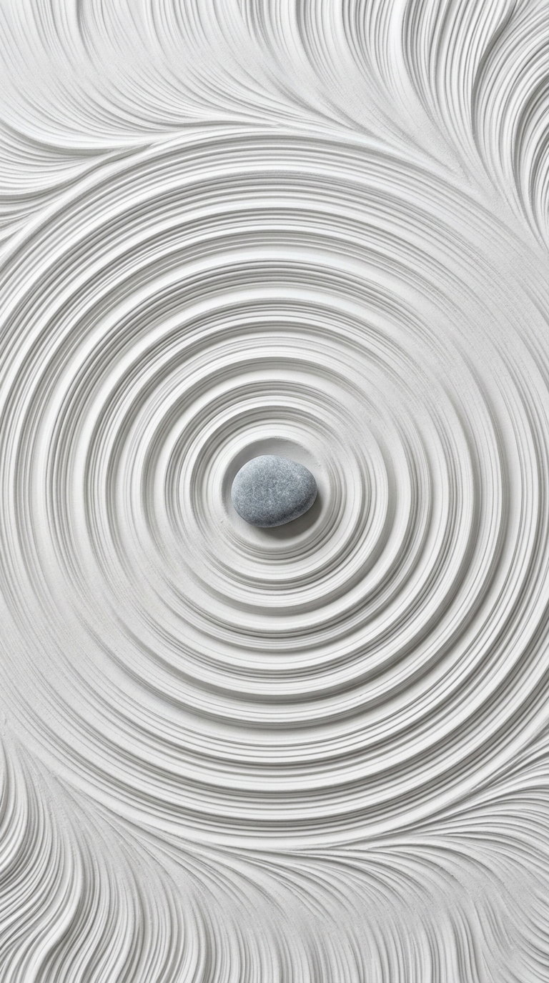 A smooth gray stone positioned in the center surrounded by concentric circular patterns etched into a white surface with flowing lines extending outward
