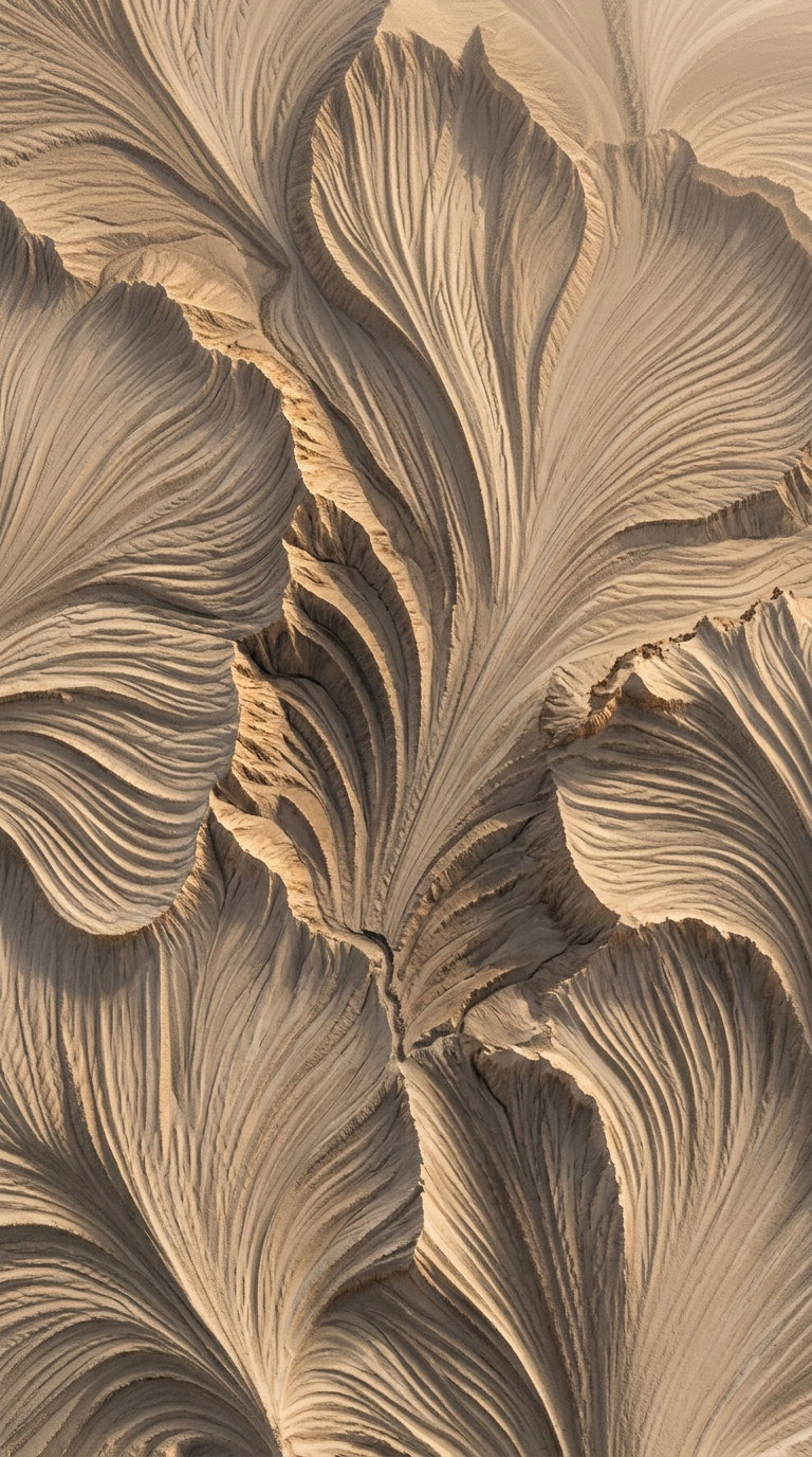 Detailed abstract patterns in shades of beige and brown with a tactile, organic texture resembling layered earth or sand formations
