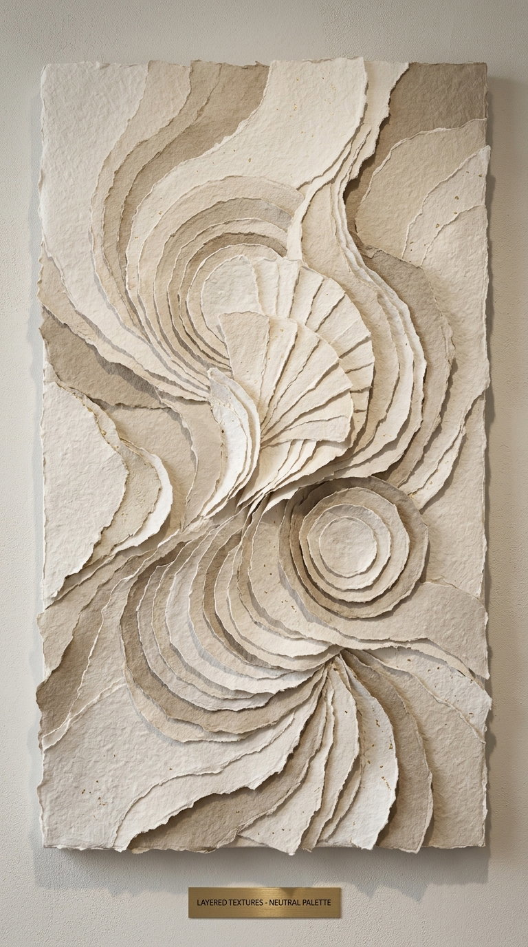 Artwork made of layered torn paper in various neutral tones creating abstract textured patterns on a wall
