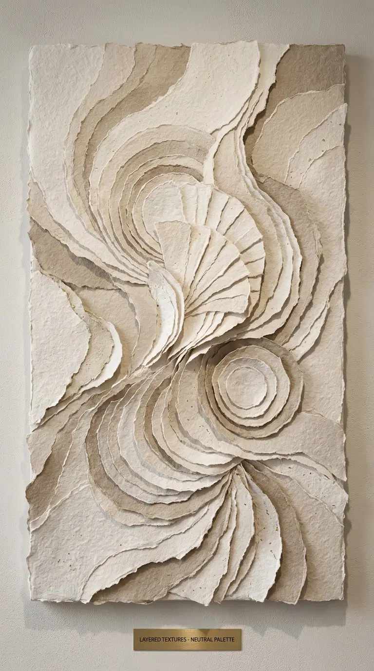 Layered textures in a neutral color palette sculpture on wall