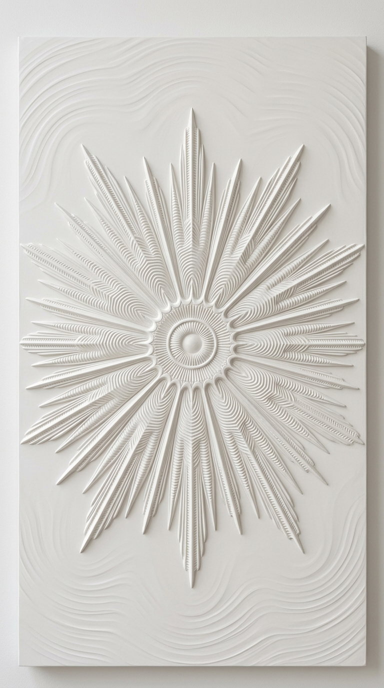 White monochrome canvas with a raised abstract sunburst pattern and wave-like textures around it